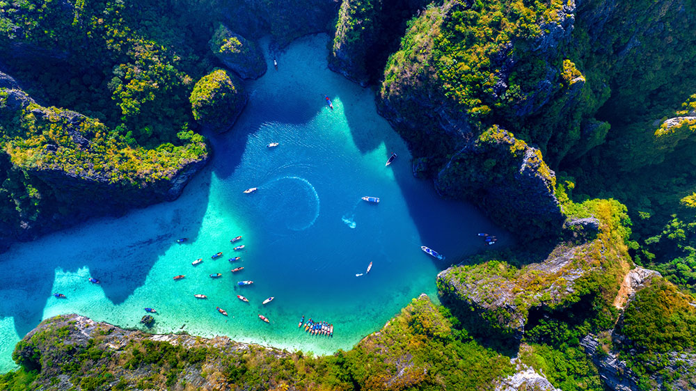 Aerial view of Pileh lagoon in Phi phi island, Thailand.